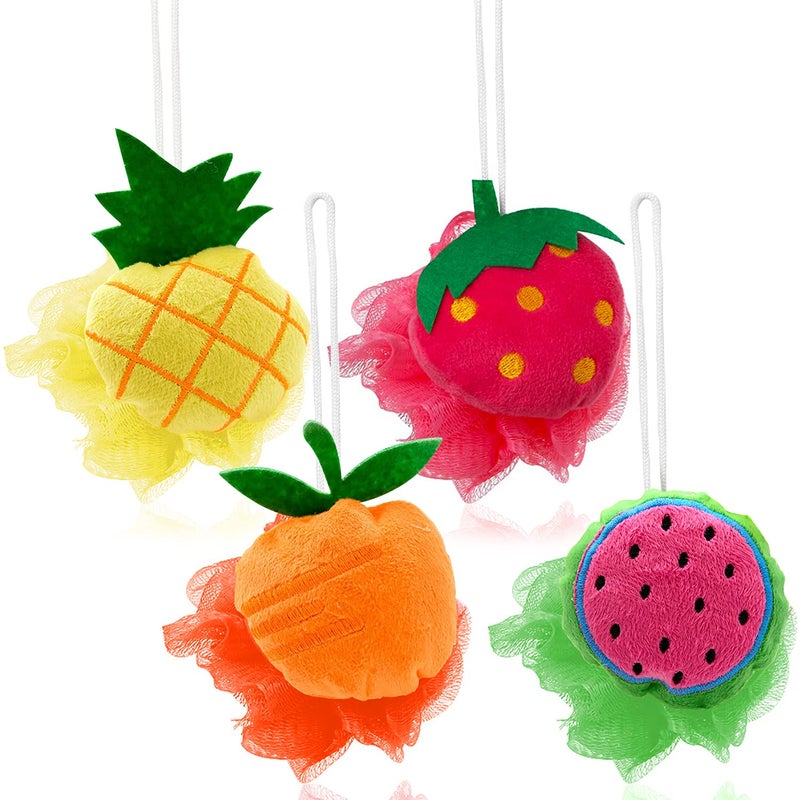 Rocutus 4pcs Child Bath Shower Sponge Pouf Loofahs Mesh Brush Shower Ball Cute Bath Flower with Hooks for Travel (Mixed 4) - Image 1